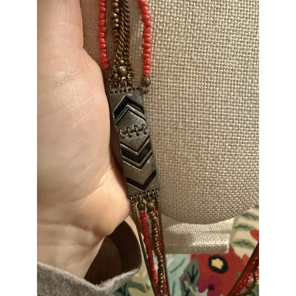 Boho Multi Strand Red Seed Bead & Brass Chain Chevron Statement Necklace 28